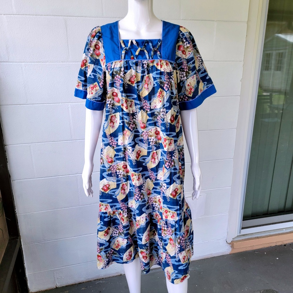 Karyl Kaye Dress Floral Blue Women 14 Vintage 80s Hawaiian Coagecore Retro